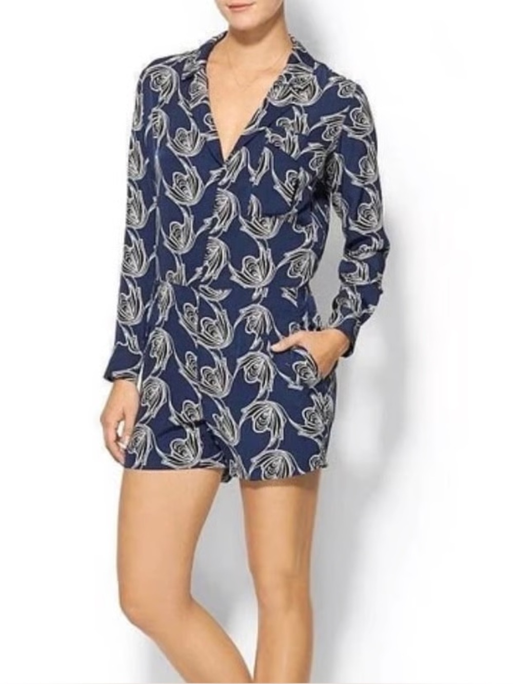 Derek Lam 10 Crosby Navy Blue Silk Long Sleeve Button Front Floral Romper size 4